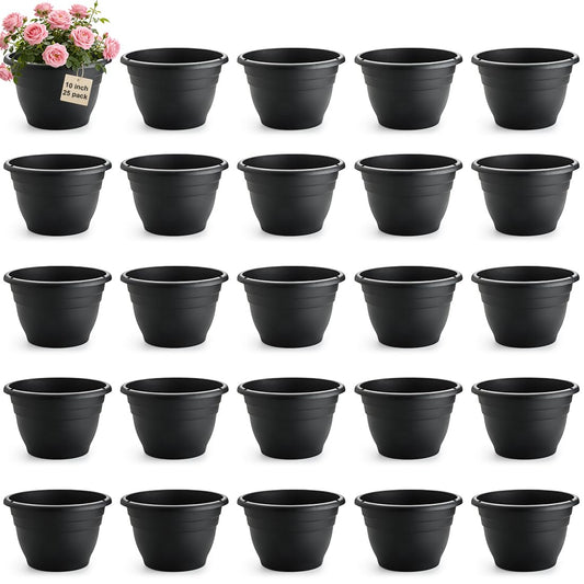 RooTrimmer 25 Pack 10 Inch Plant Pots with Drainage Holes,Black Plastic Flower Pots for Indoor & Outdoor Plants,Durable Lightweight Planters for Flowers,Herbs & Gardening