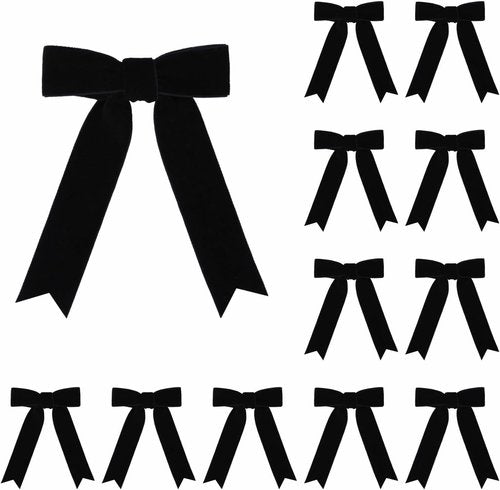 Meseey 12 Pcs Black Velvet Bows - Pre-Tied 3.5 Inch Vintage Ribbon for Gift Wrapping & Parties