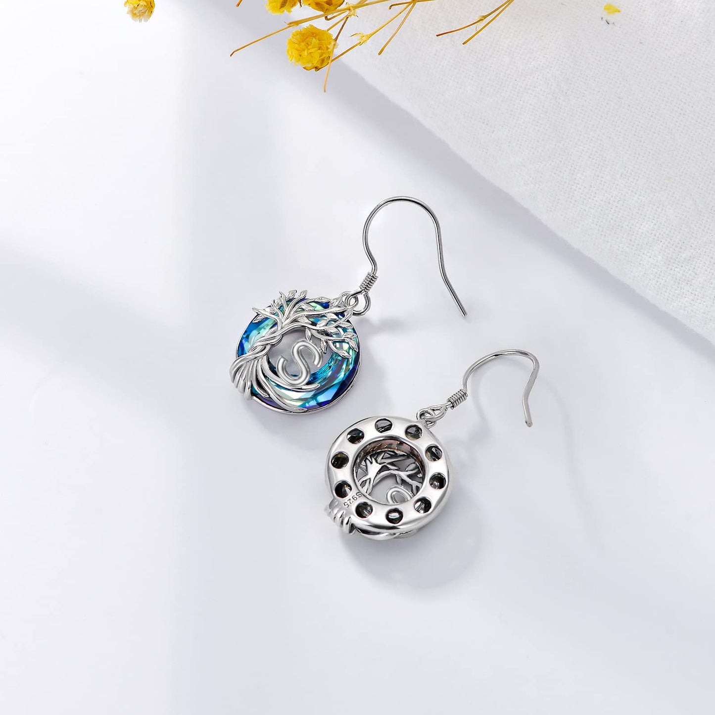 TOUPOP Tree of Life Initial Earrings Sterling Silver Initial S Letter Drop Dangle Earrings Blue Circle Crystal Family Tree Jewelry Birthday Mothers Day Gifts for Women Mom Her