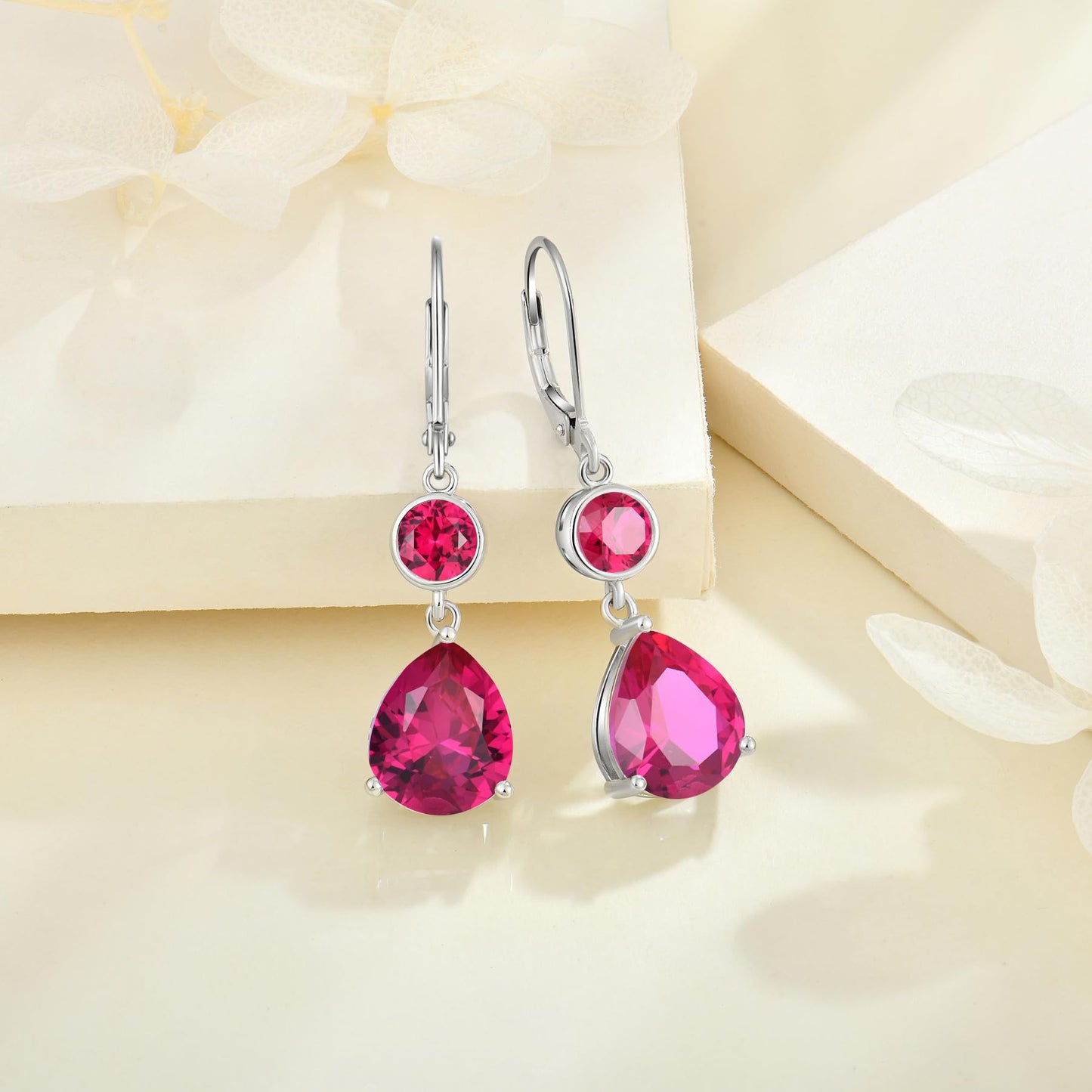 FYNSBLE Ruby Birthstone Earrings for Women,Sterling Silver Dangle Drop Leverback Earrings Hypoallergenic Jewelry for Women