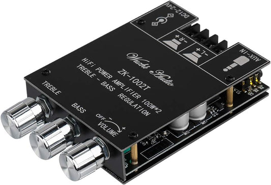 ZK-1002T 2.0CH 100W*2 9-24V Bluetooth Amplifier Board Mini Audio AMP with Treble and Bass Control, BT and AUX Inputs