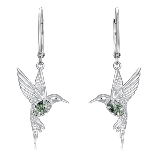 BETHZA Hummingbird Earrings 925 Sterling Silver Natural Moss Agate Hummingbirds Drop Dangle Earring Animal Jewelry Gifts for Women