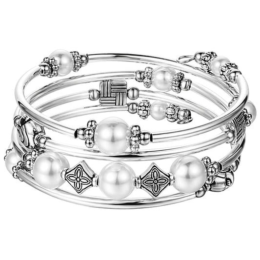 Beaded Pearl Bangle Wrap Bracelet - Fashion Bohemian Jewelry Multilayer Charm Bracelet with Thick Silver Metal Beads, Gift For Women(White)