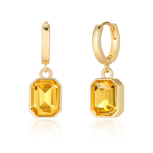 Birthstone Crystal Dangle Drop Earrings, 18K Gold Plated Huggie Hoop Hypoallergenic Earring Jewelry Gifts for Women (Yellow)