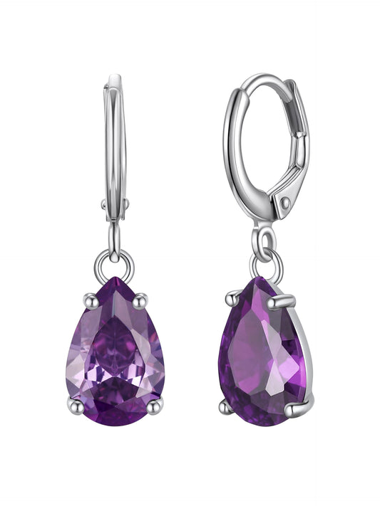 Bestyle Silver February Birthstone Dangle Earrings - Amethyst Crystal Drop Baguette Earrings for Women - Dainty Cute Small Silver Huggie Hoop Dangle Earrings for Birthday Wedding Party Gowns