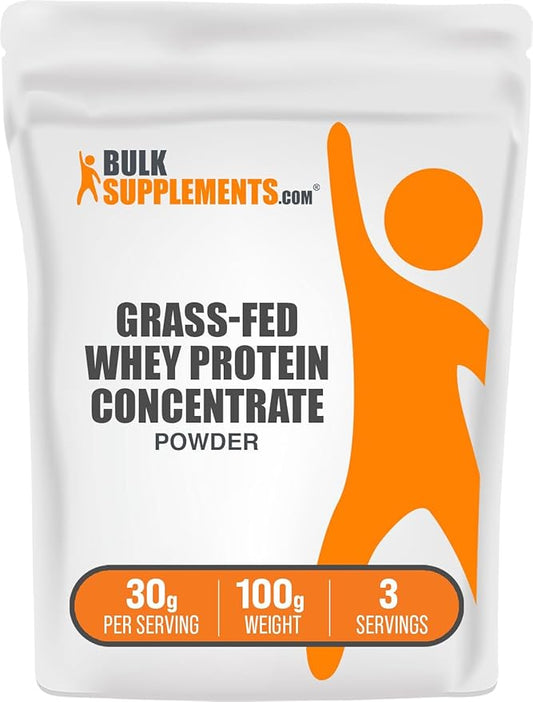 BulkSupplements.com Grass Fed Whey Protein Powder - Whey Protein Concentrate Powder - Unflavored & Gluten Free, 30g per Serving, 100g (3.5 oz) (Pack of 1)