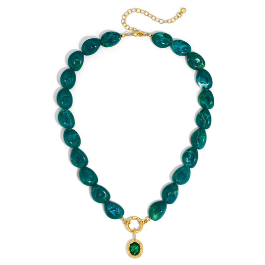 Boho Chunky Green Resin Beaded Necklace for Women, 14K Gold Plated Statement Necklace with Oval Emerald Cubic Zirconia Pendant, Vintage Layered Choker Necklaces for Wedding Prom Party Jewelry Gifts
