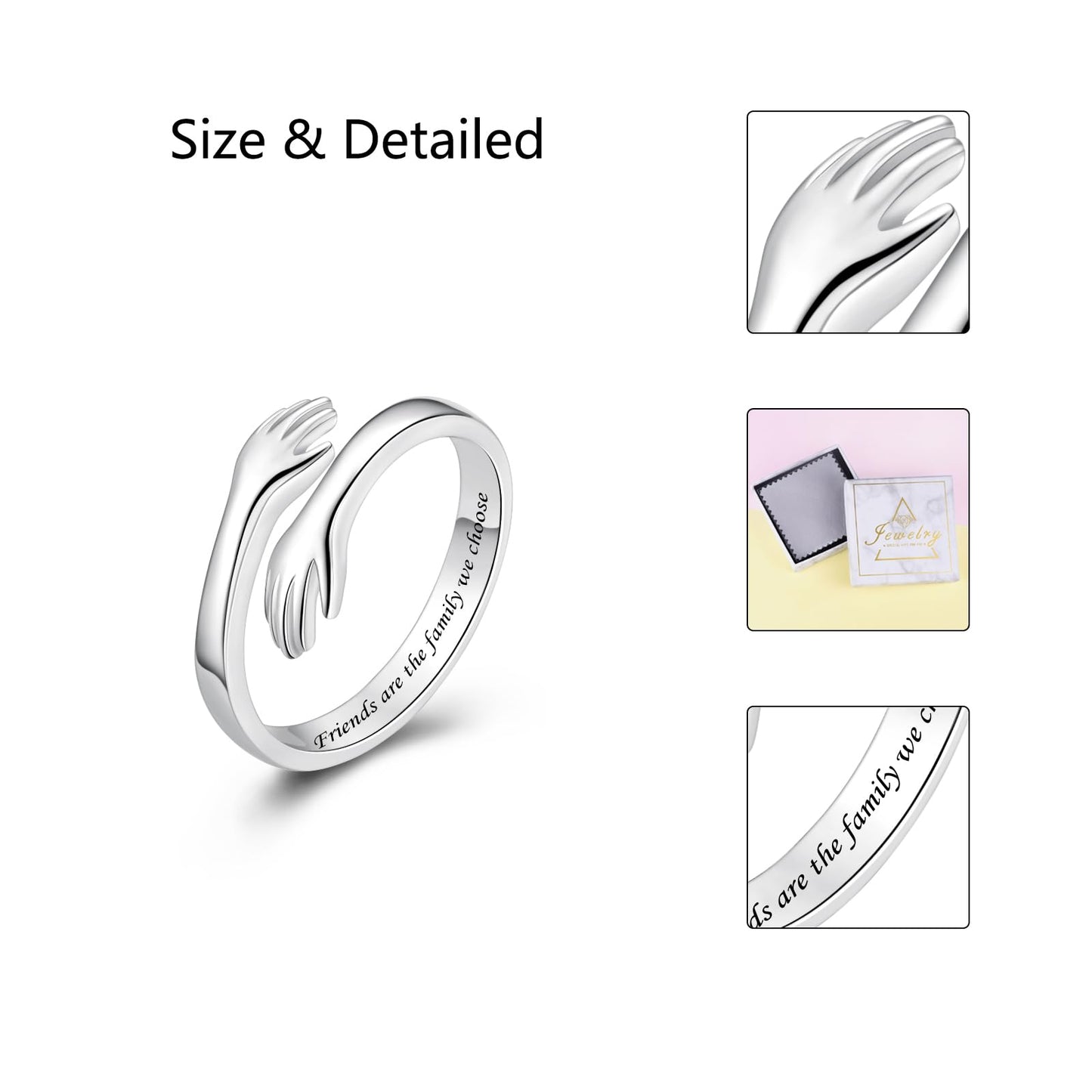 ACJFA S925 Sterling Silver Hug Ring for Women Adjustable Thumb Ring Birthday Gifts (Friends are the family we choose)