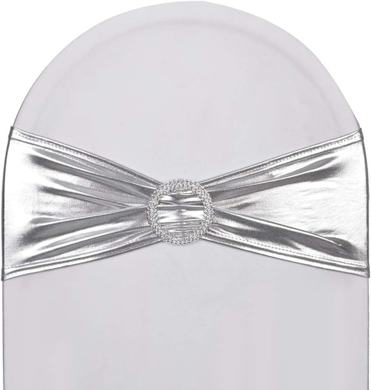 Skiennix Metallic Silver Stretch Chair Sashes - Durable Spandex Fitted Bows for Weddings & Events | 10 Pack