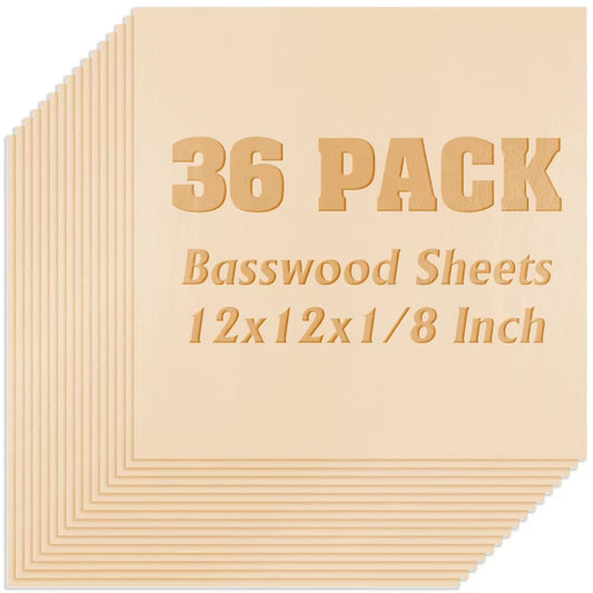 36 Pack Basswood Sheets Plywood Board 1/8 Inch Unfinished Wood,3mm Plywood for Laser Cutting,Boards for Crafts for DIY Plywood Sheets Unfinished Wood Boards for Laser Cutting(12inchx12inch)