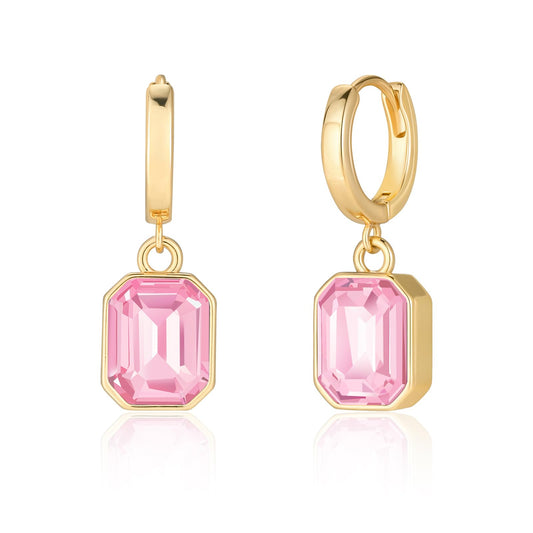 Birthstone Crystal Dangle Drop Earrings, 18K Gold Plated Huggie Hoop Hypoallergenic Earring Jewelry Gifts for Women (Pink)
