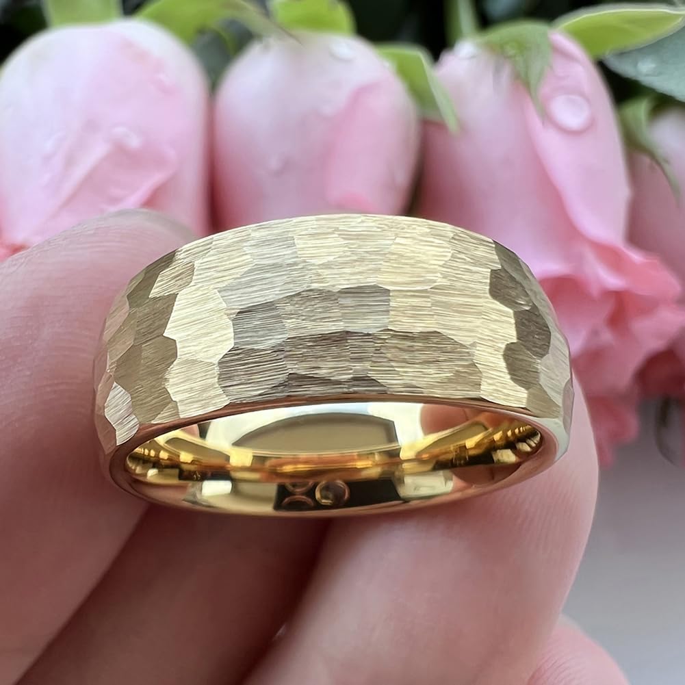 TUTISS 8mm Gold Hammered Tungsten Rings for Men Women Engagement Wedding Bands Domed I Love You Engraved Comfort Fit Size 9