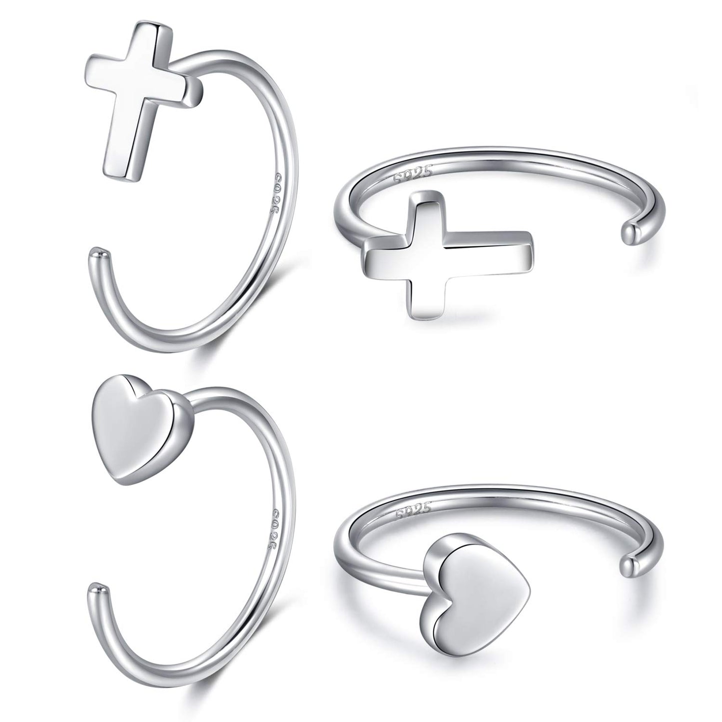 Huggie Silver Cross Half Hoop Earrings - Heart Hugger, OpenHoop Design