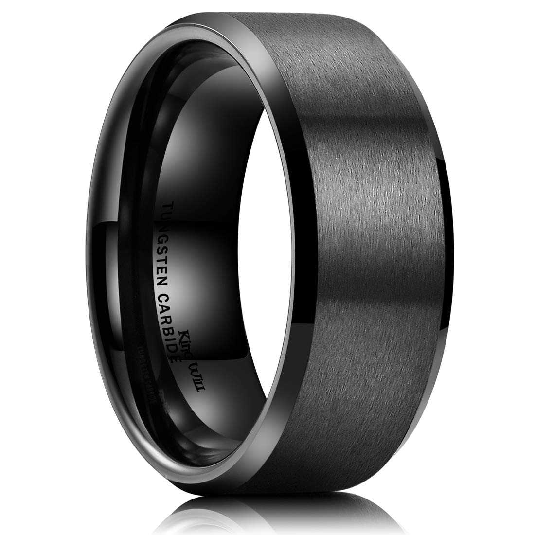 King Will 9mm Men's Black Wedding Ring - Brushed Matte Surface, Beveled Polished Edge, Comfort Fit Size 9