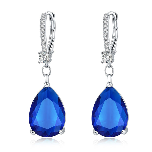 BAMIKI Sterling Silver Teardrop Leverback Dangle Blue Earrings for Women Hypoallergenic, 10×14mm Pear Larger Cubic Zircon Drop Earrings Trendy Jewelry Gifts for Wife Daughter Mother