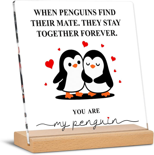 Romantic Penguin Acrylic Plaque - 5.9x5.9 Inch Clear Decor for Home & Office | Perfect Gift for Couples