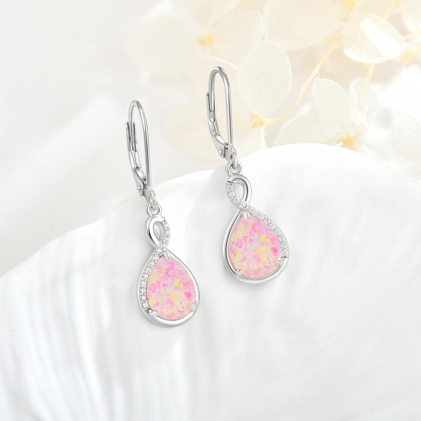 FYNSBLE Pink Opal Earrings for Women Sterling Silver Infinity Opal Dangle Drop Leverback Earrings Hypoallergenic Jewelry for Women