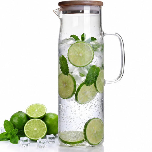 hjn Glass Pitcher with Lid Glass Water Carafe with Handle, Fridge Water Jug Cold or Hot Beverages, Iced Tea, Milk, Juice 1500ml/51oz &