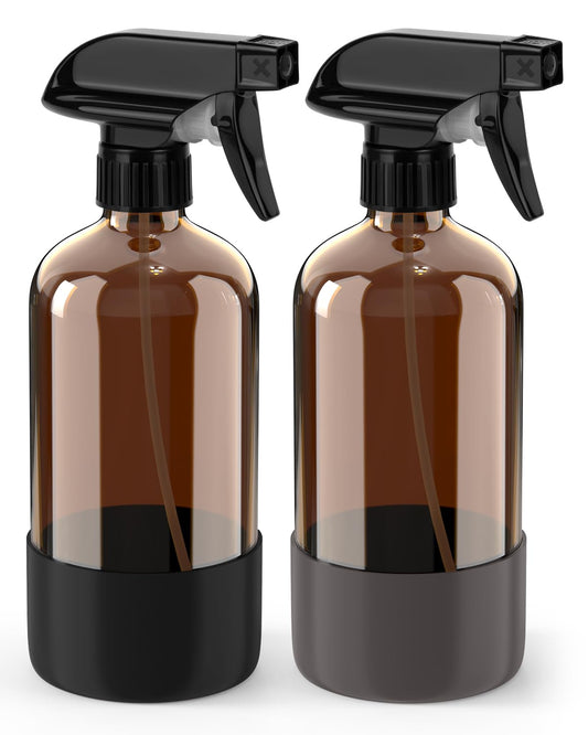 Bontip Glass Spray Bottle with Silicone Sleeve Protection, Amber Glass Spray Bottle Set for Window Cleaner Aromatherapy Facial Hydration Watering Flowers Hair Care 2 Pack/16 oz (Black & Grey, 16 oz)