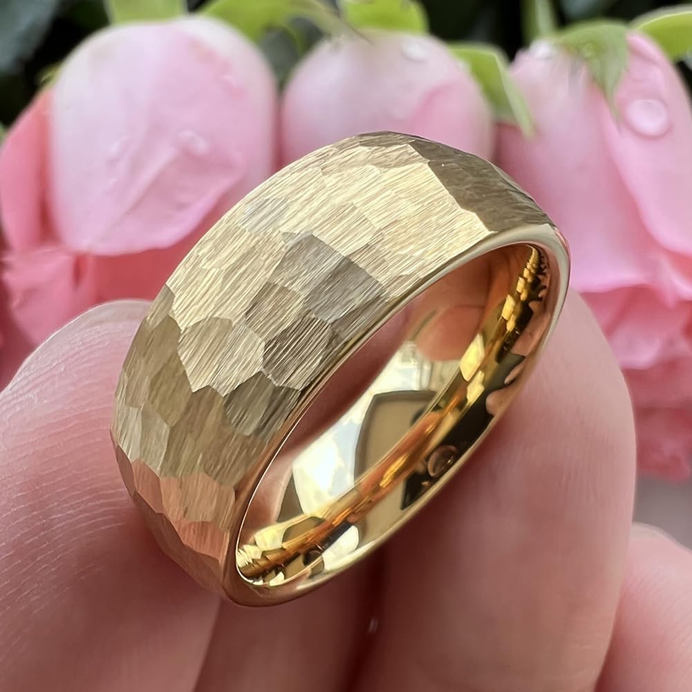 TUTISS 8mm Gold Hammered Tungsten Rings for Men Women Engagement Wedding Bands Domed I Love You Engraved Comfort Fit Size 9.5