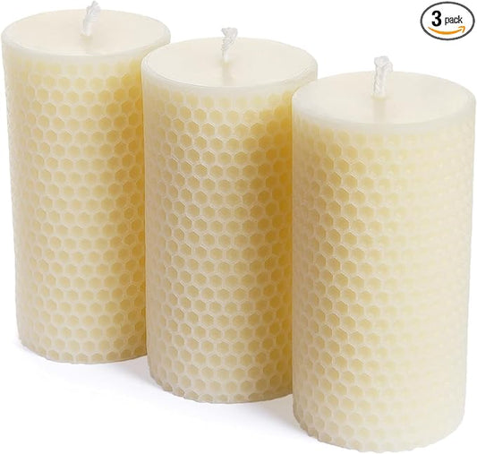 Pure Natural Beeswax Pillar Candles - Pack of 3 - Honeycomb Surface, No Scent- for Emergency/Prayer/Relax (2inch Diameter, 4 inch Tall - Off White)
