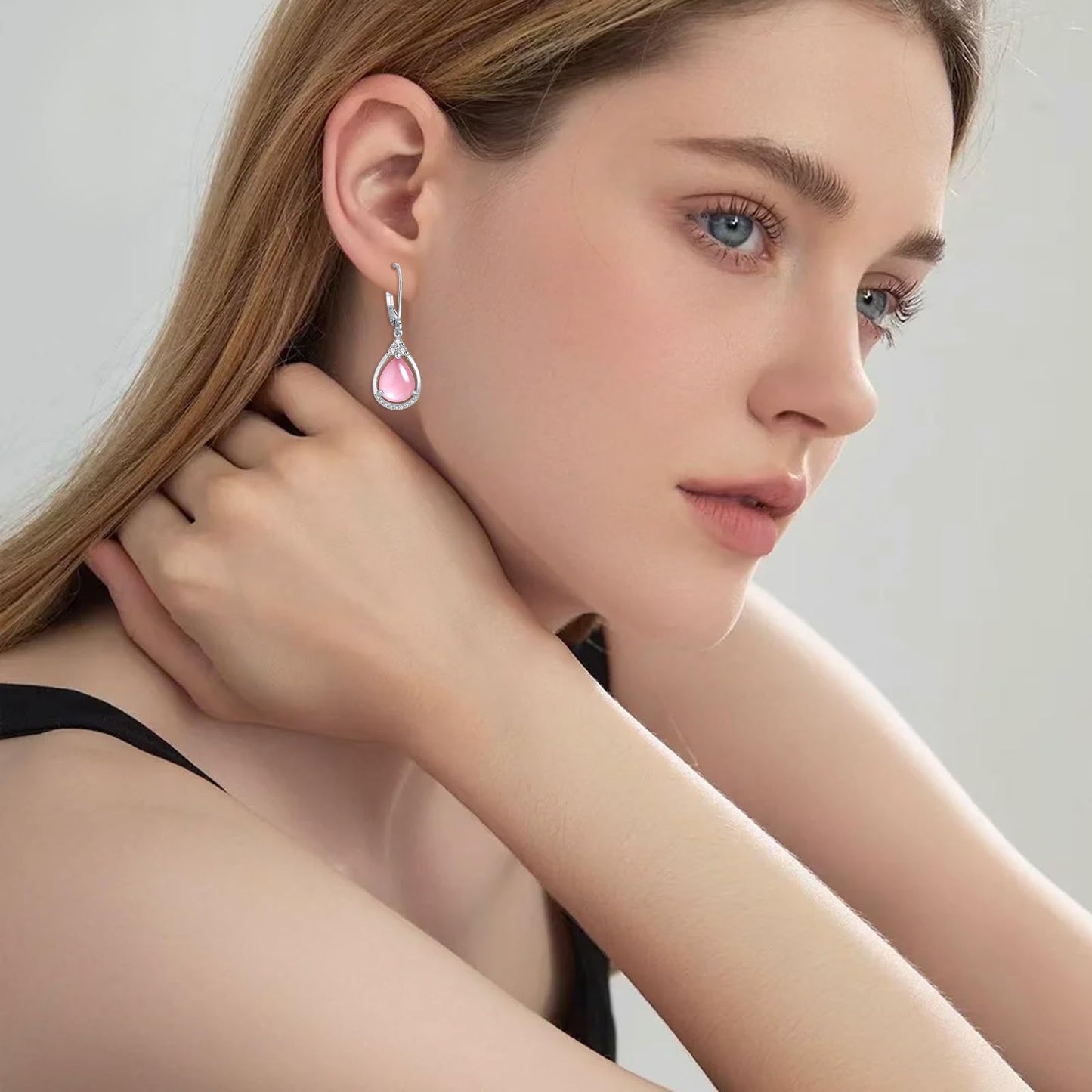 Pink Earrings Sterling Silver Opal Leverback Teardrop Dangles Jewelry Christmas Gifts for Women