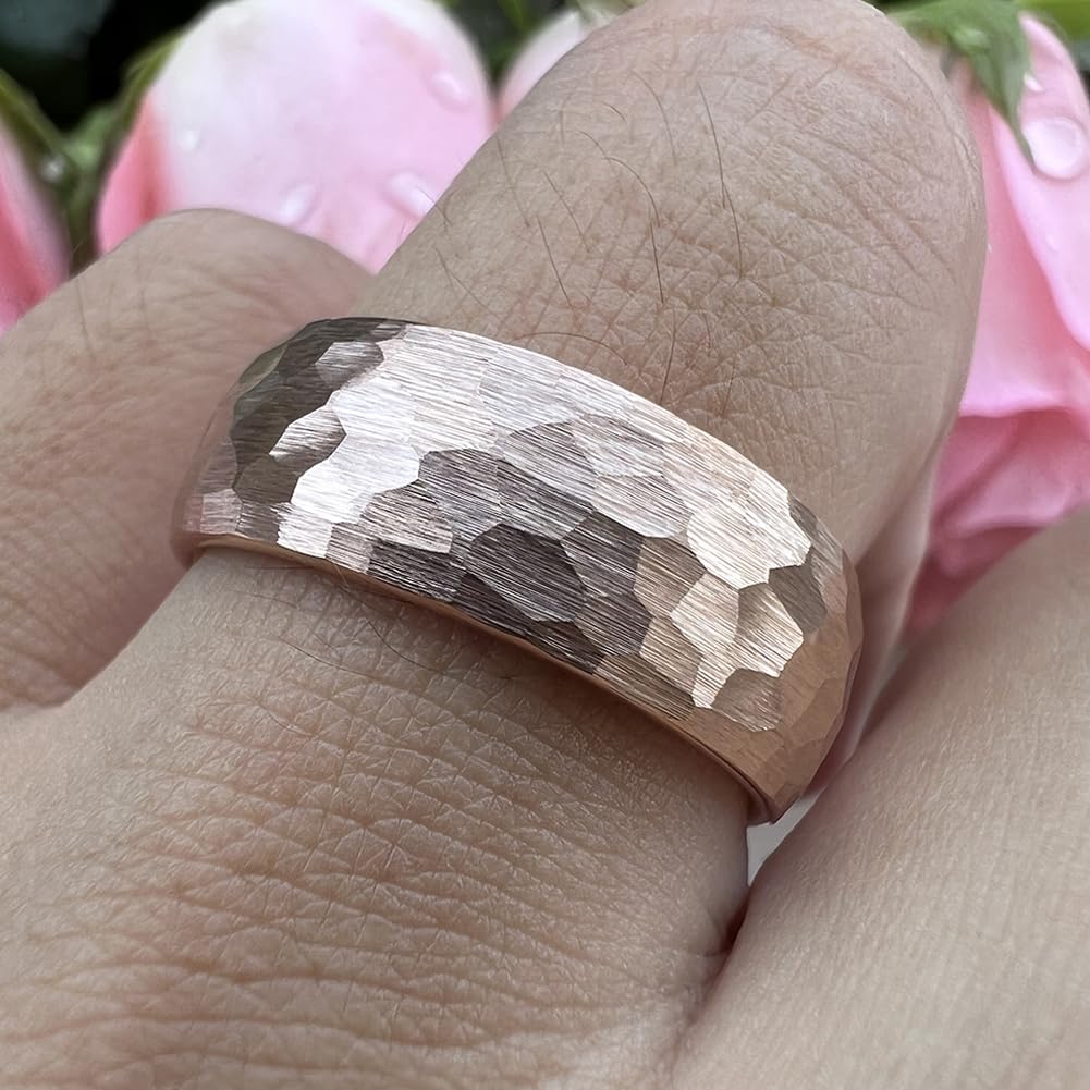 TUTISS 8mm Rose Gold Hammered Tungsten Rings for Men Women Engagement Wedding Bands Domed Matte Finish Comfort Fit Size 6
