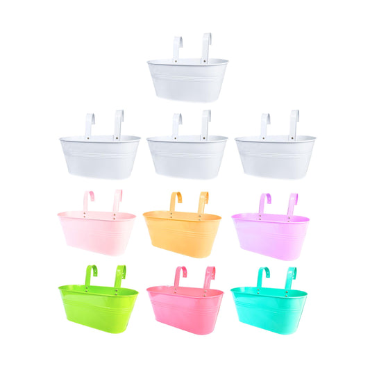 LaLaGreen Bundle - 4 Pack, 11.8 Inch White + 6 Pack, 11.2 Inch Colorful Rounded Metal Iron Hanging Flower Pot, Strawberry Plant Box, Patio Porch Fence Deck Railing Window Bucket Wall Mount Hooks Decor