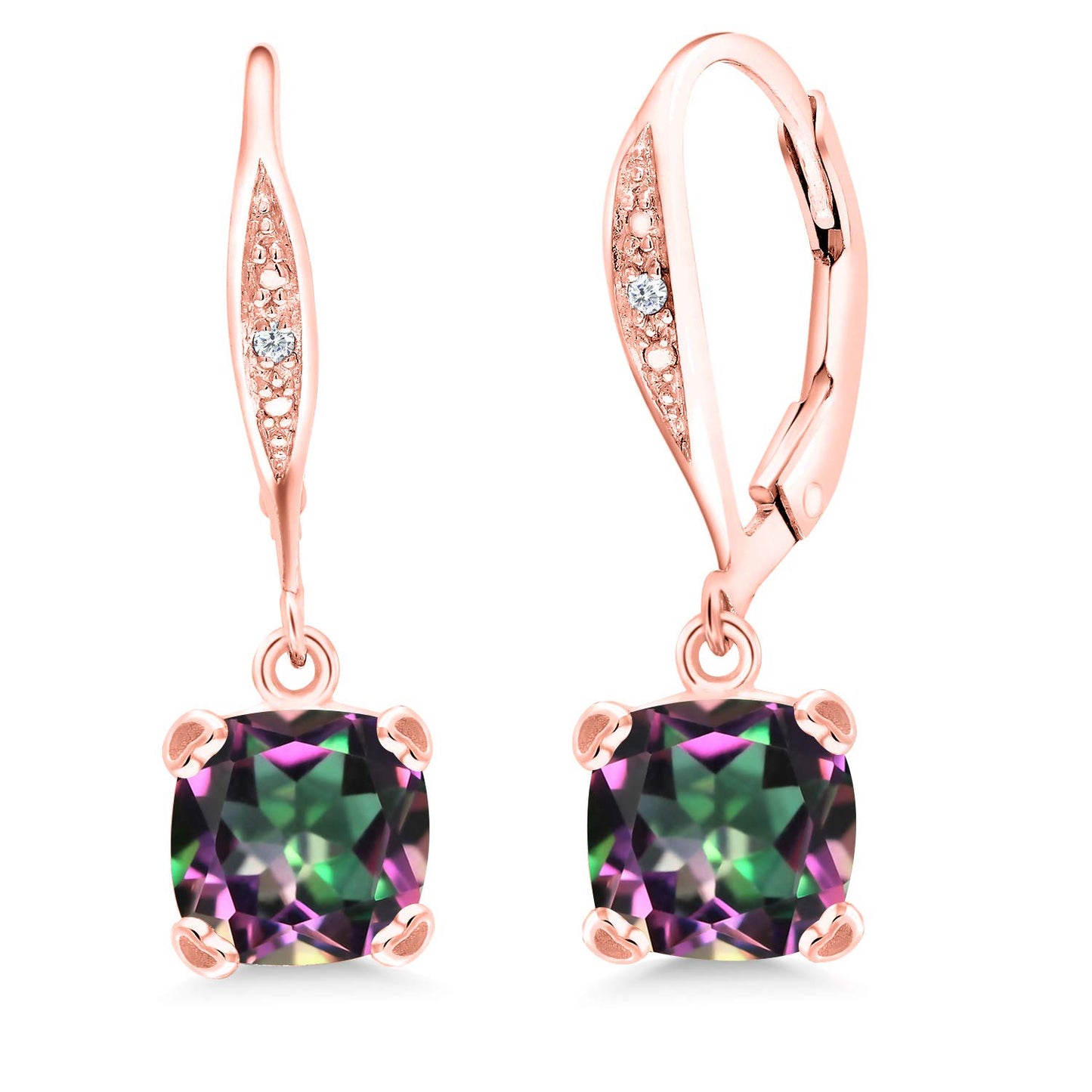 Gem Stone King Drop Dangle Earrings For Women | 7MM Cushion Cut Gemstone Birthstone and Diamond | 925 Sterling Silver | Jewelry Gift for Mom Wife Her | Green Mystic Topaz | Rose Gold