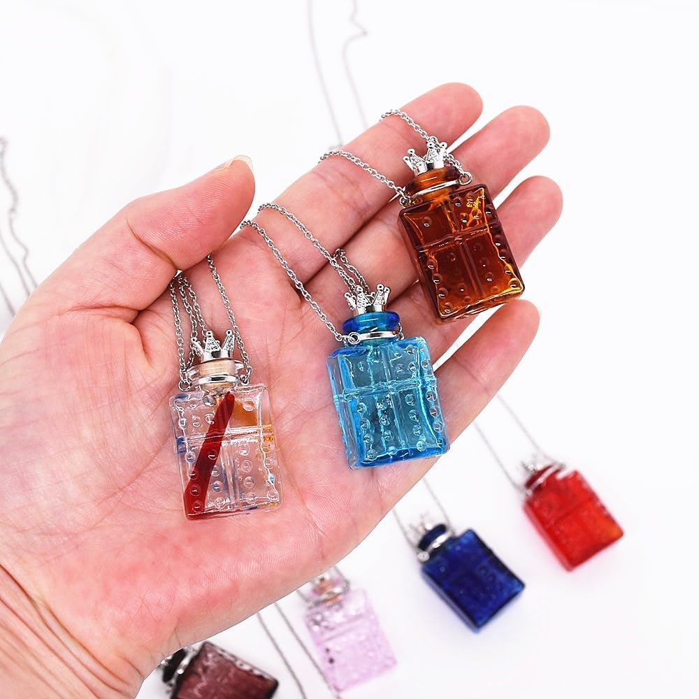 Handcrafted Glaze Glass Square Refillable Essential Oil Necklace Pendant - Aromatherapy Perfume Diffuser Pendant with Stainless Steel Chain (Red)
