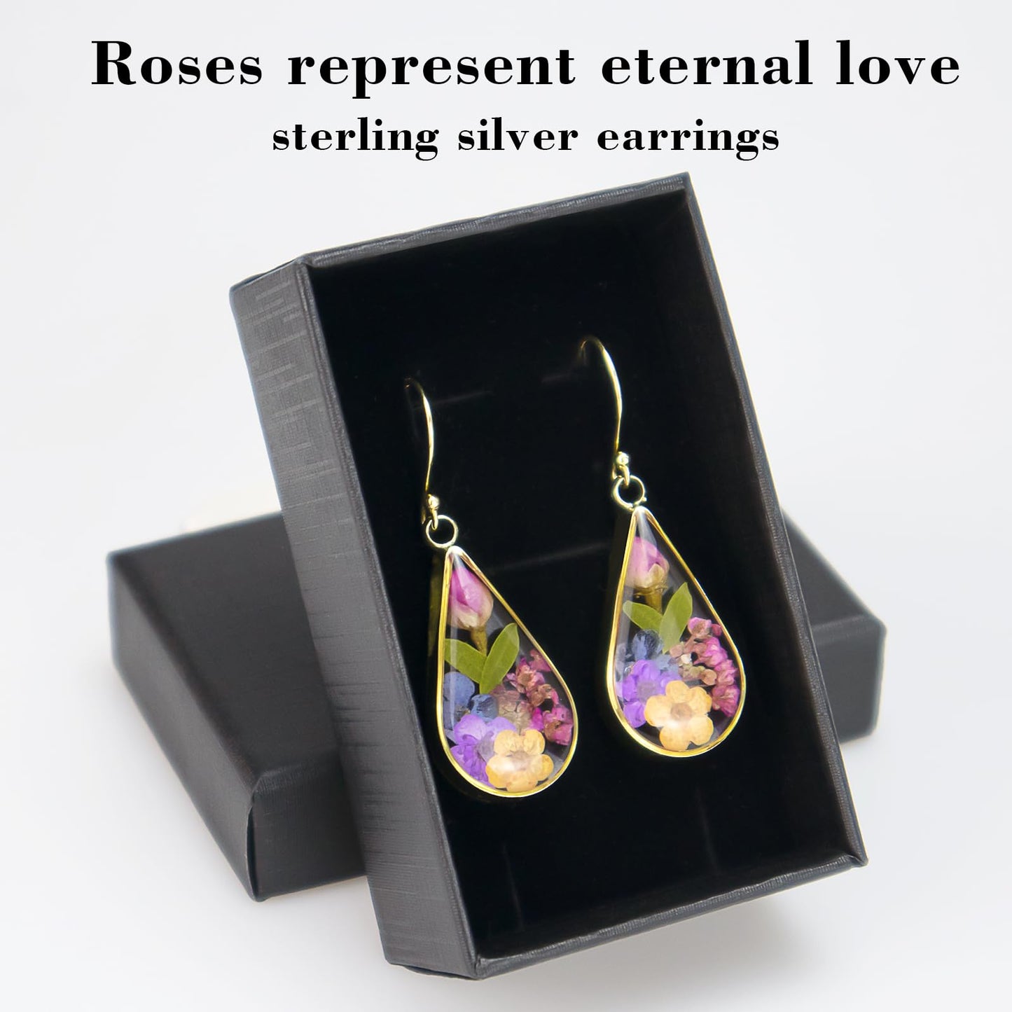 925 Sterling Silver Pressed Flower Teardrop Earrings,Hypoallergenic Women's Jewelry Gift for Mom and Wife,Handmade Natural Dried Flower Teardrop Earrings Jewelry Gift