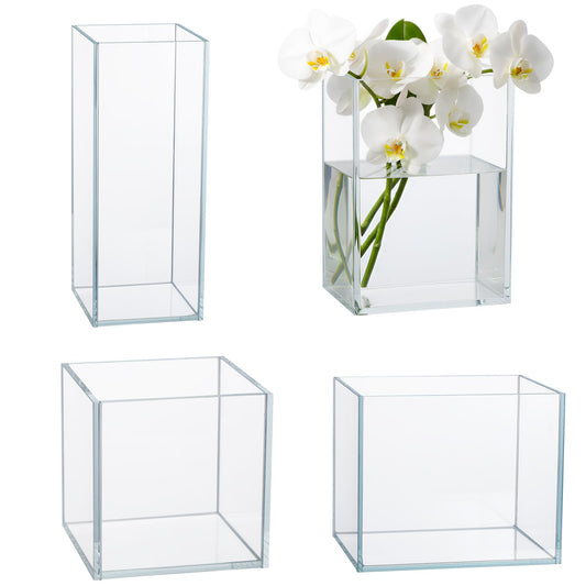 Ninehaoou 4 Pcs Square Glass Vases Set, 4 Sizes Cube Flower Vases for Wedding Centerpieces, Clear Floral Accent Container Plant Terrarium Candle Holder for Table Decor Home Party Ceremony Event Office