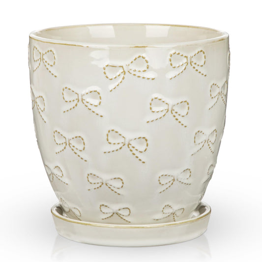 Hollyone 6 Inch White Ceramic Planter Flower Plant Pot with Drainage Hole and Saucer for Plants Embossed Indoor Outdoor Garden Embossed Ceramic Glazed Round Pot for Succulent Orchid Bow Pattern