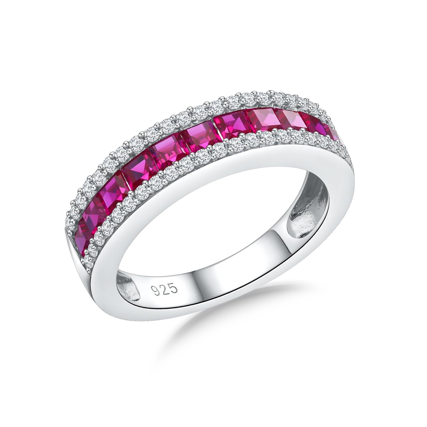 RANDES Red Gemstone Ring Sterling Silver Anniversary Bands for Women 5mm Wide Channel Set Half Eternity Wedding Band Ruby Birthstone Rings Size 9