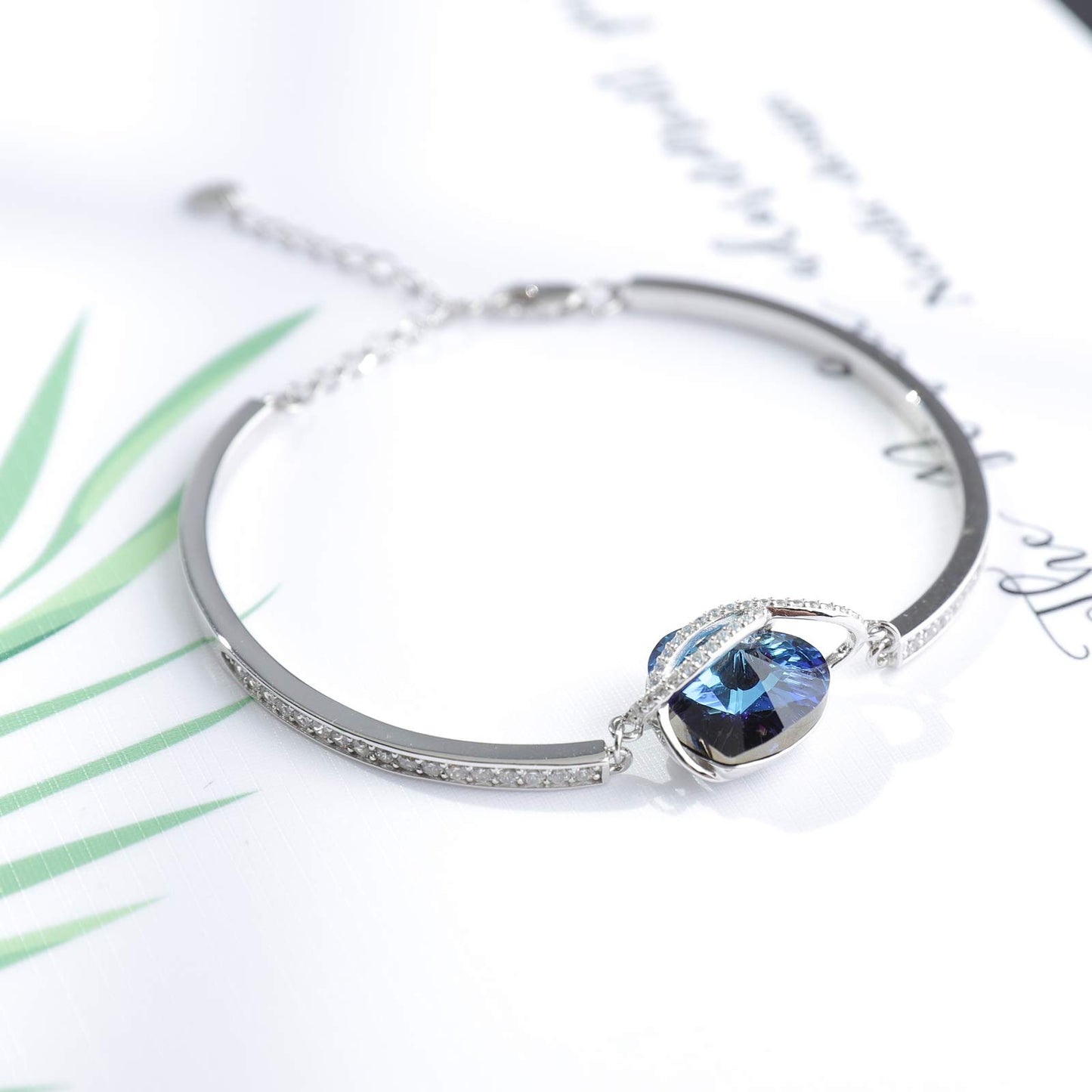 AOBOCO Infinity Heart Bangle Bracelet Sterling Silver I Love You Women Bracelet Embellished with Blue Crystals from Austria, Fine Anniversary Birthday Jewelry Gifts for Women Wife Girlfriend Daughter