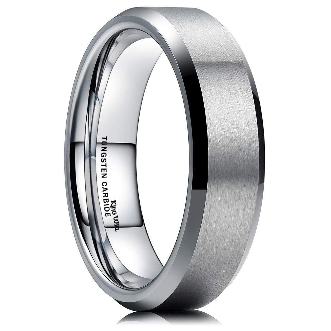 King Will 6mm Men's Silver Wedding Ring - Brushed Matte Surface, Beveled Polished Edge, Comfort Fit Size9.5