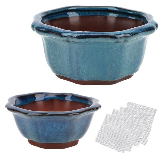 Bonsai Planter Succulent 5" Small Glazed Pots, Value Set of 2 + 4 Soft Mesh Drainage Screens