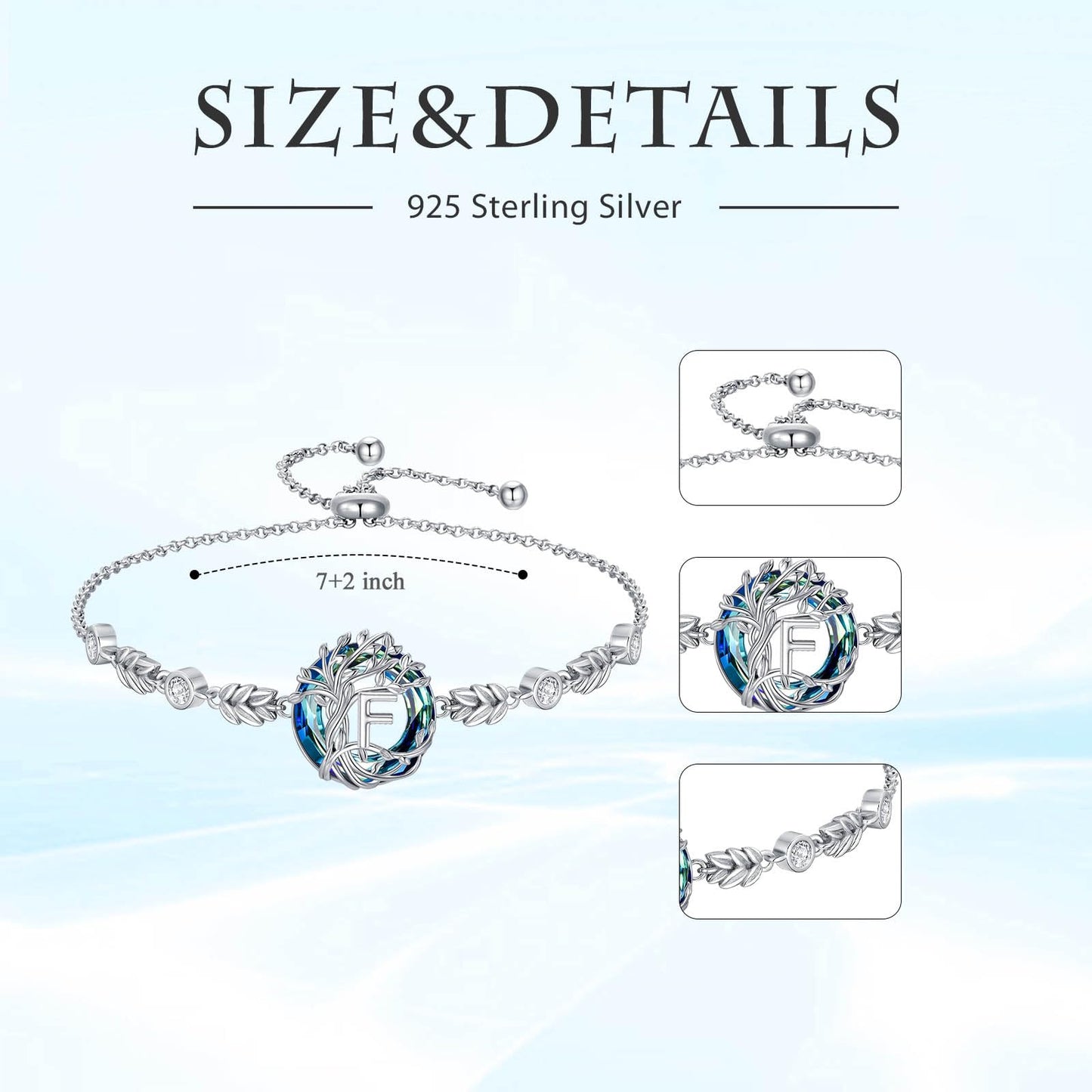 TOUPOP Tree of Life Initial Bracelet Sterling Silver Initials F Letter Link Bracelets Blue Circle Crystal Family Tree Birthday Mothers Day Jewelry Gifts for Women Mom Wife