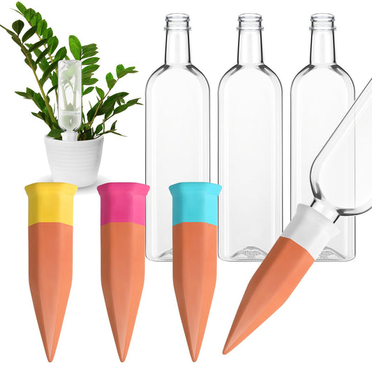 Ziliny 4 Pack Terracotta Watering Spikes Devices, Plant Self Watering Spikes with 25 oz Plastic Wine Bottles, Slow Release Vacation Insert Plant Waterer Devices for Indoor Outdoor