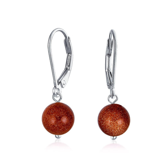 Bling Jewelry Timeless .925 Sterling Silver Brown Golden Sandstone Bead 8mm Ball Drop Earrings Lever Back Genuine Gemstone