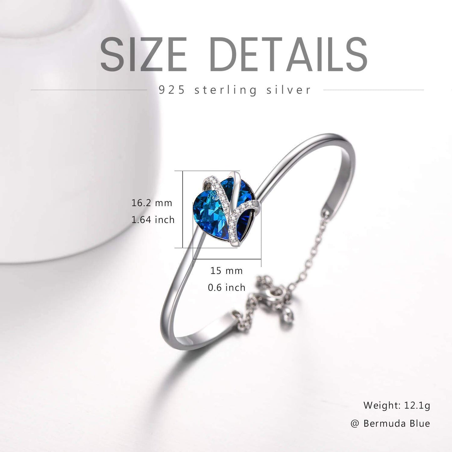 AOBOCO Love Heart Bangle Bracelet Sterling Silver Women Bracelet Embellished with Blue Crystals from Austria, Fine Anniversary Birthday I Love You Jewelry Gifts for Women Wife Girlfriend Daughter Mom