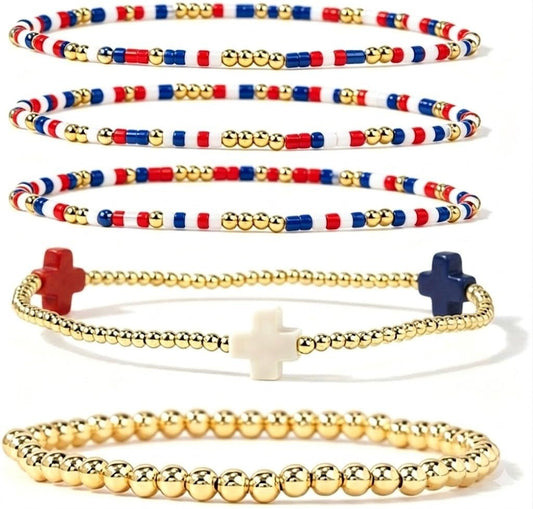 Bohxantium 4th of July Bracelet Stack for Women,Dainty Gold Beaded Cross Patriotic Bracelets Set,Elastic Red White Blue Tiny Beads Usa Bracelet,Trendy Fourth of July Independence Day Accessories Gifts
