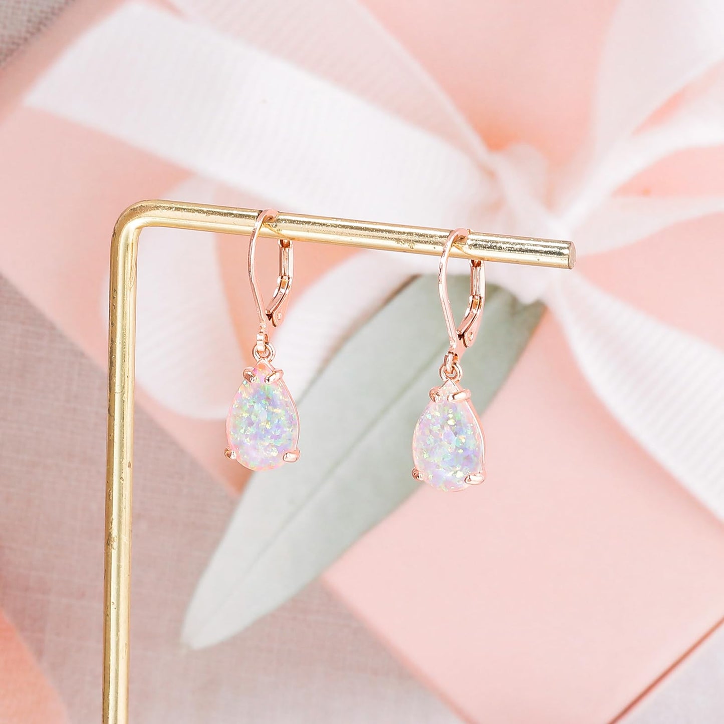 CiNily Teardrop Leverback Dangle Earrings for Women Hypoallergenic White Opal Pendant Drop Earrings 14K Gold Plated Hanging Lever Earrings Fashion Graduation Party Jewelry Gifts for Sensitive Ears