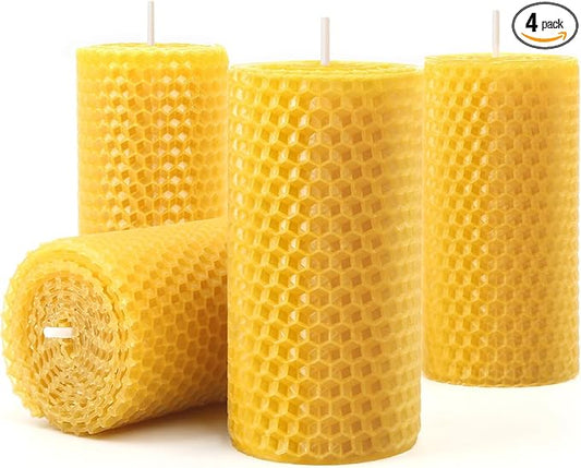 Hand-Rolled Beeswax Candles, 4 Packs, Handcrafted Honeycomb Beeswax Pillar Candles, Natural Bee Farm Gifts for Candle Lovers,Home Decor, Air Purify (2x4 in)