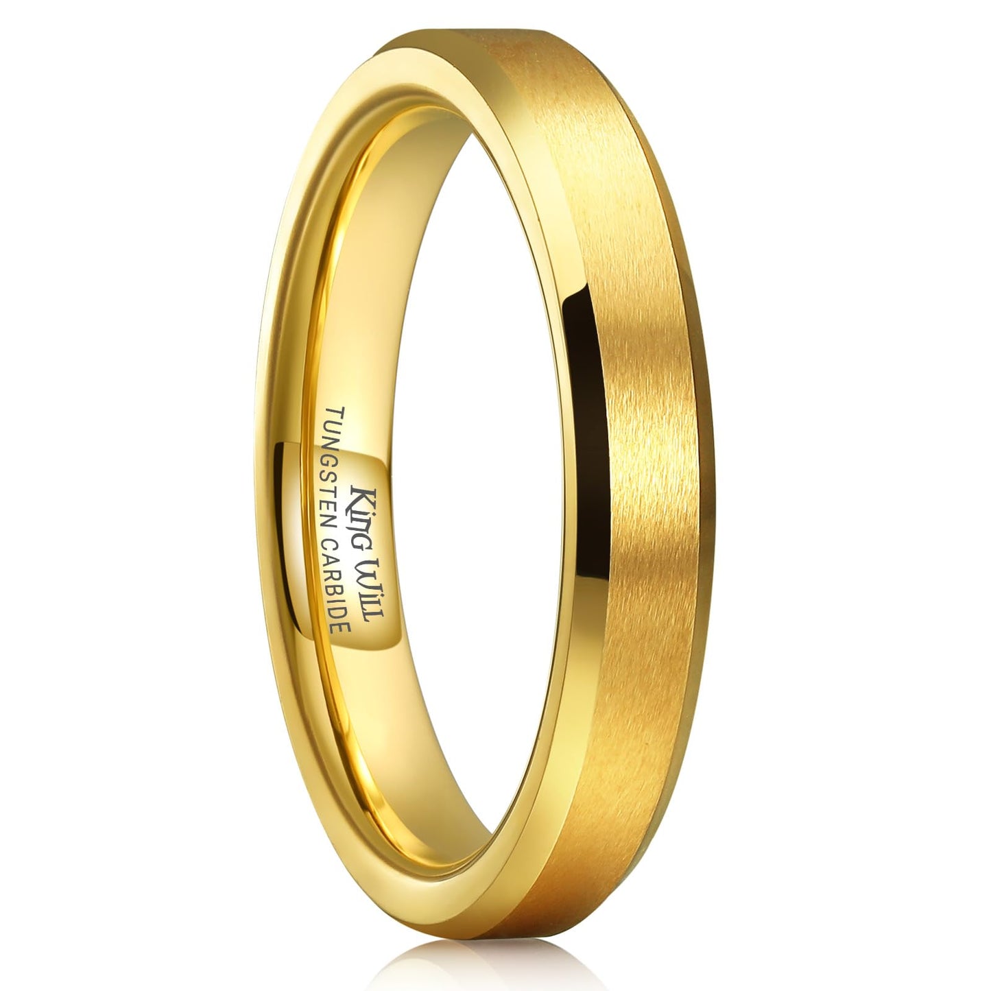 King Will 4mm Gold Tungsten Wedding Band Basic Wedding Ring For Men with Brushed Matte Surface Beveled Polished Edge Comfort Fit 9