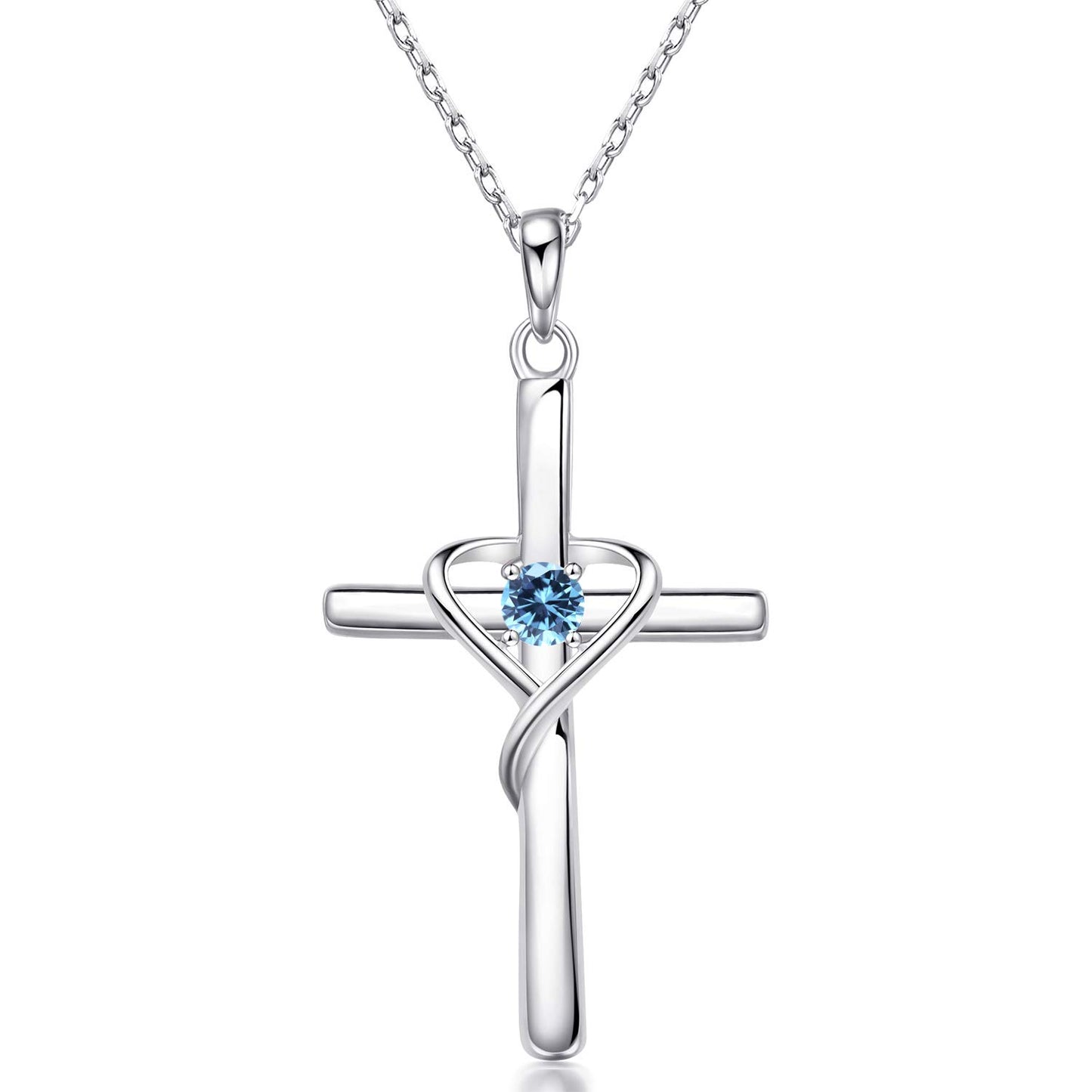 AmorAime 925 Sterling Silver Cross Necklace for Women Men 14K Gold Plated 5A CZ Birthstone Necklaces for Holiday (C.Blue-March)