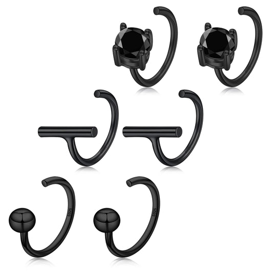 Black Half Hoop Earrings 925 Sterling Silver Small Huggie Hoop Earrings Set for Women 3 Pairs Open Hoop Earrings
