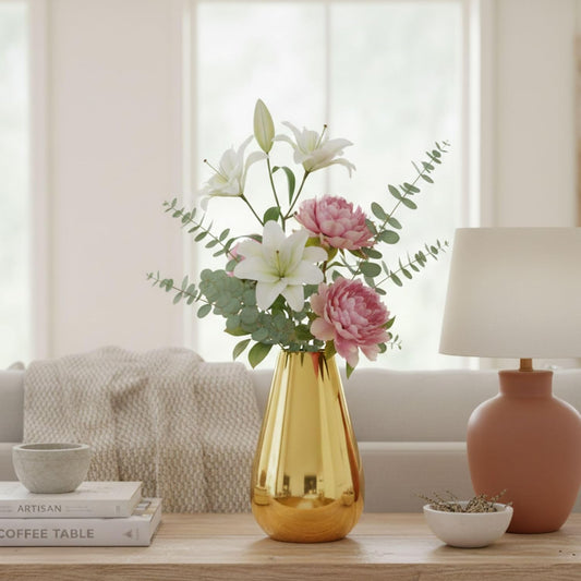 Handcrafted Metal Flower Vase Round Gold Polish Decorative Tabletop Vase for Home Décor, Living Room, Kitchen, Office & Wedding