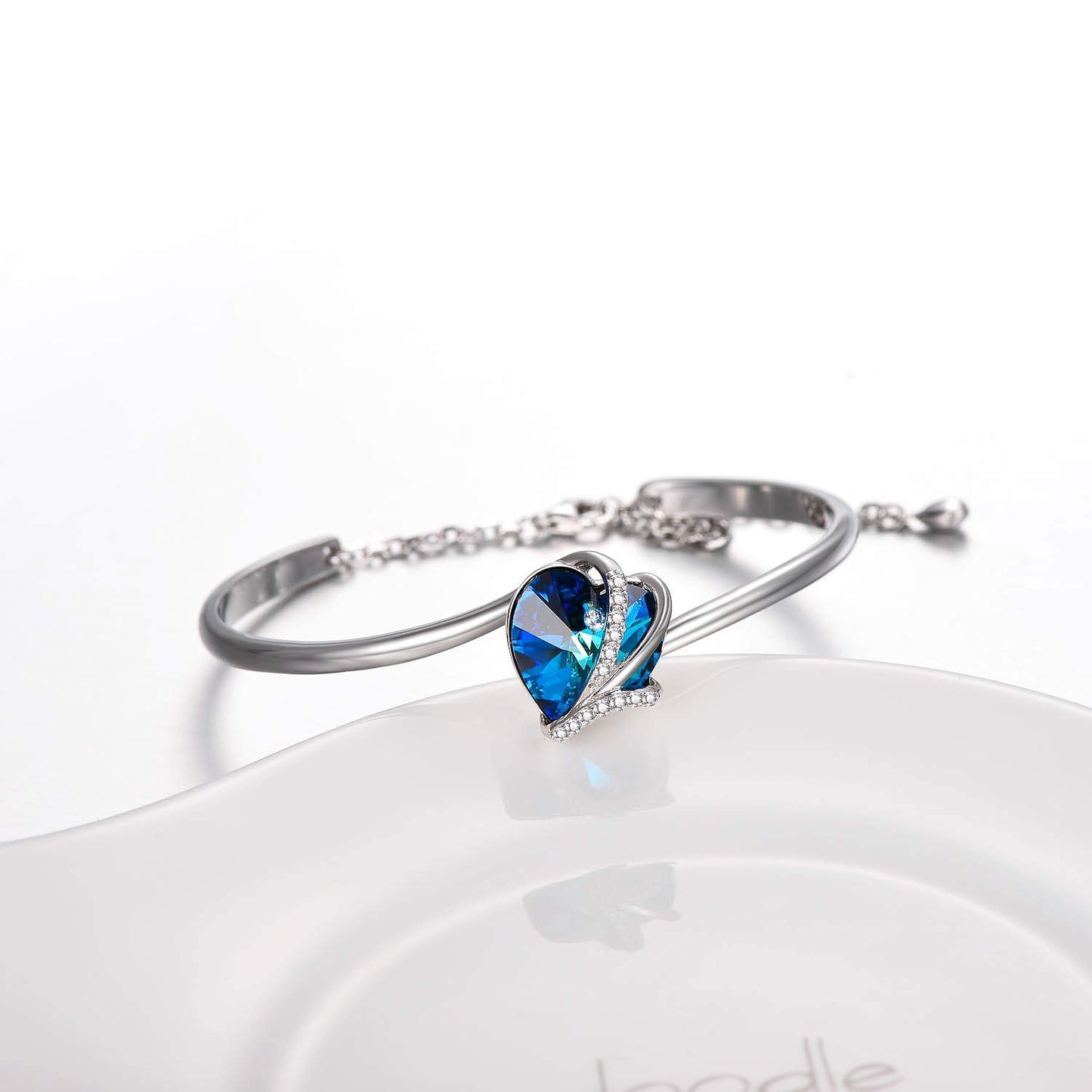 AOBOCO Love Heart Bangle Bracelet Sterling Silver Women Bracelet Embellished with Blue Crystals from Austria, Fine Anniversary Birthday I Love You Jewelry Gifts for Women Wife Girlfriend Daughter Mom