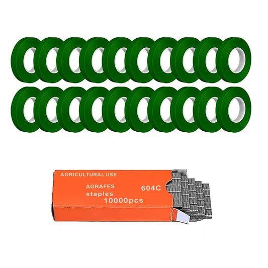 20 Rolls 1640 FT Green Plant Grafting Tape+10000Pcs Staples for Plant Tying Machine,Nursery Tree Tape Support for Climbing Plants Indoor Outdoor, Tree, Vegetables, Branches